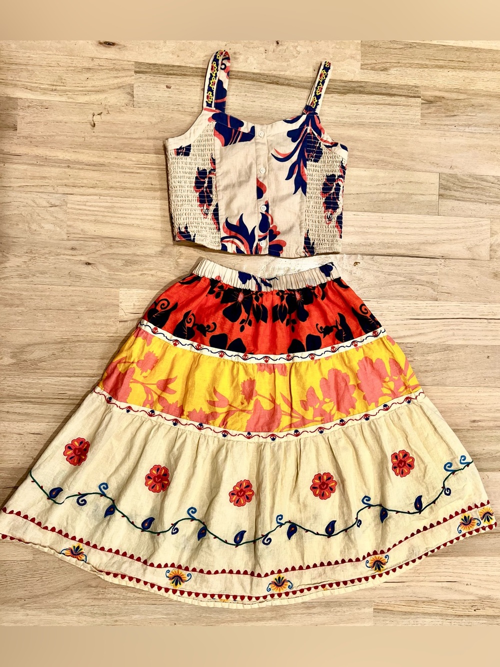 Zara 2-Piece Matching Set - Floral Embroidered Crop Top & Tiered Midi Skirt